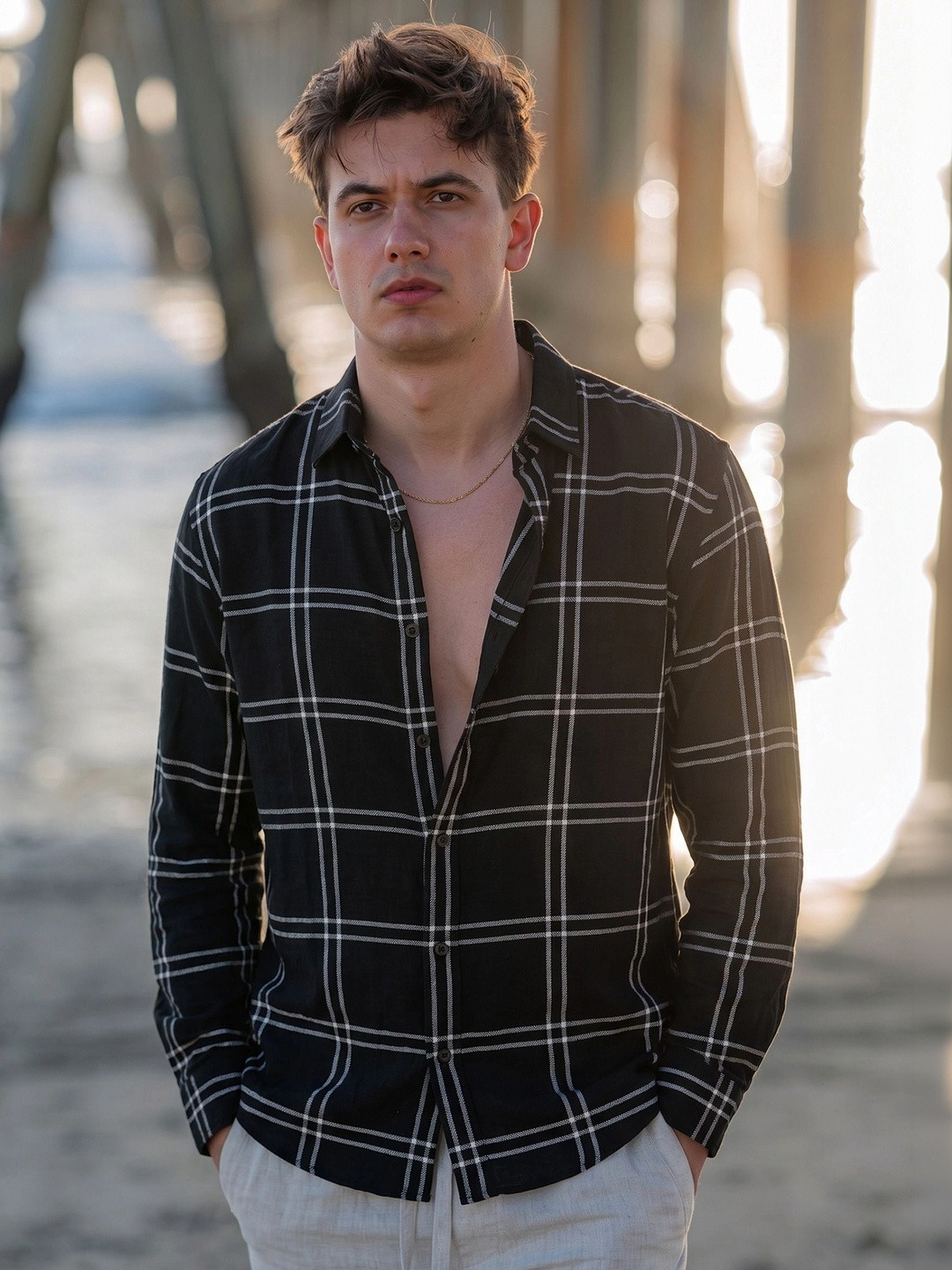 MOE&JEK Midnight Black Check Casual Cotton Twill Relaxed Fit Shirt