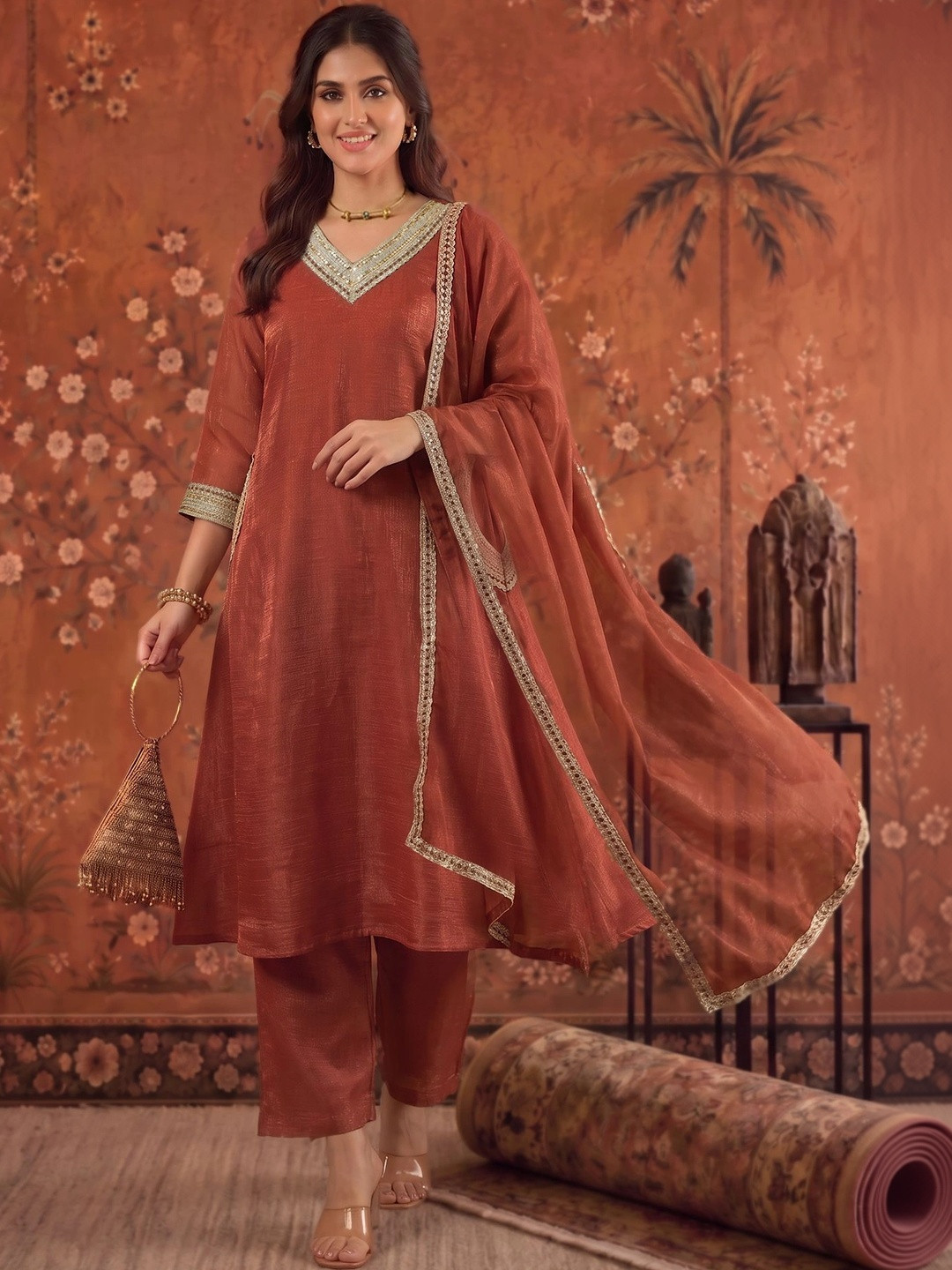 Sangria Silk Chiffon V-Neck Kurta & Trousers With Dupatta
