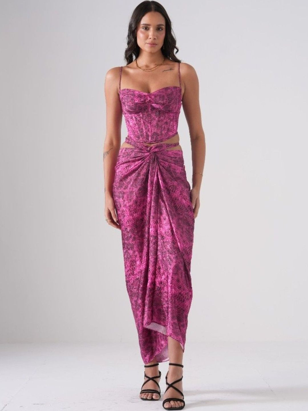 PERINI Women Pink Printed Corset Top with Draped Skirt Co-Ord Set