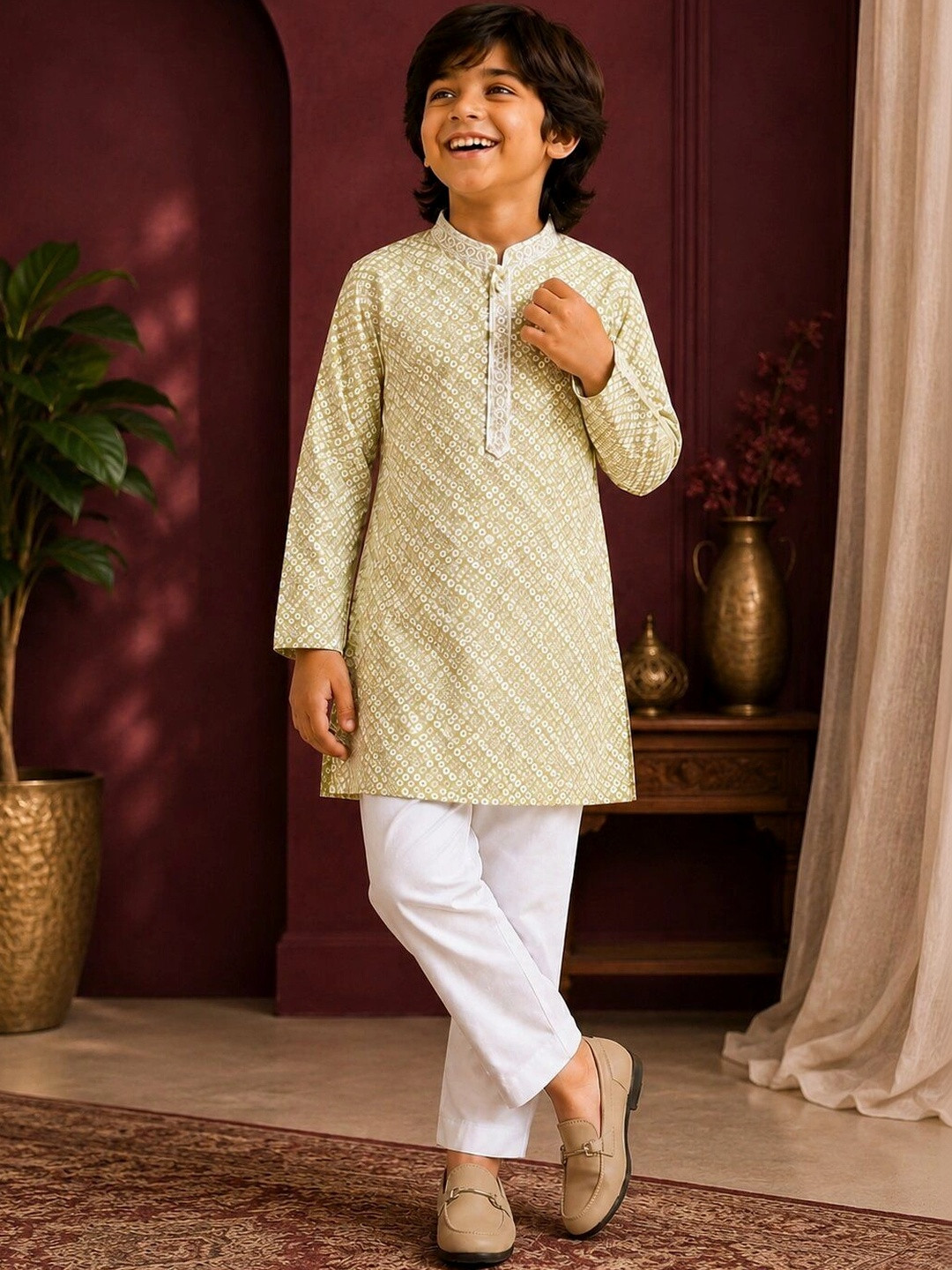 NATIONAL LEBASH Boys Ethnic Motifs Printed Regular Sequinned Pure Cotton Kurta with Trousers