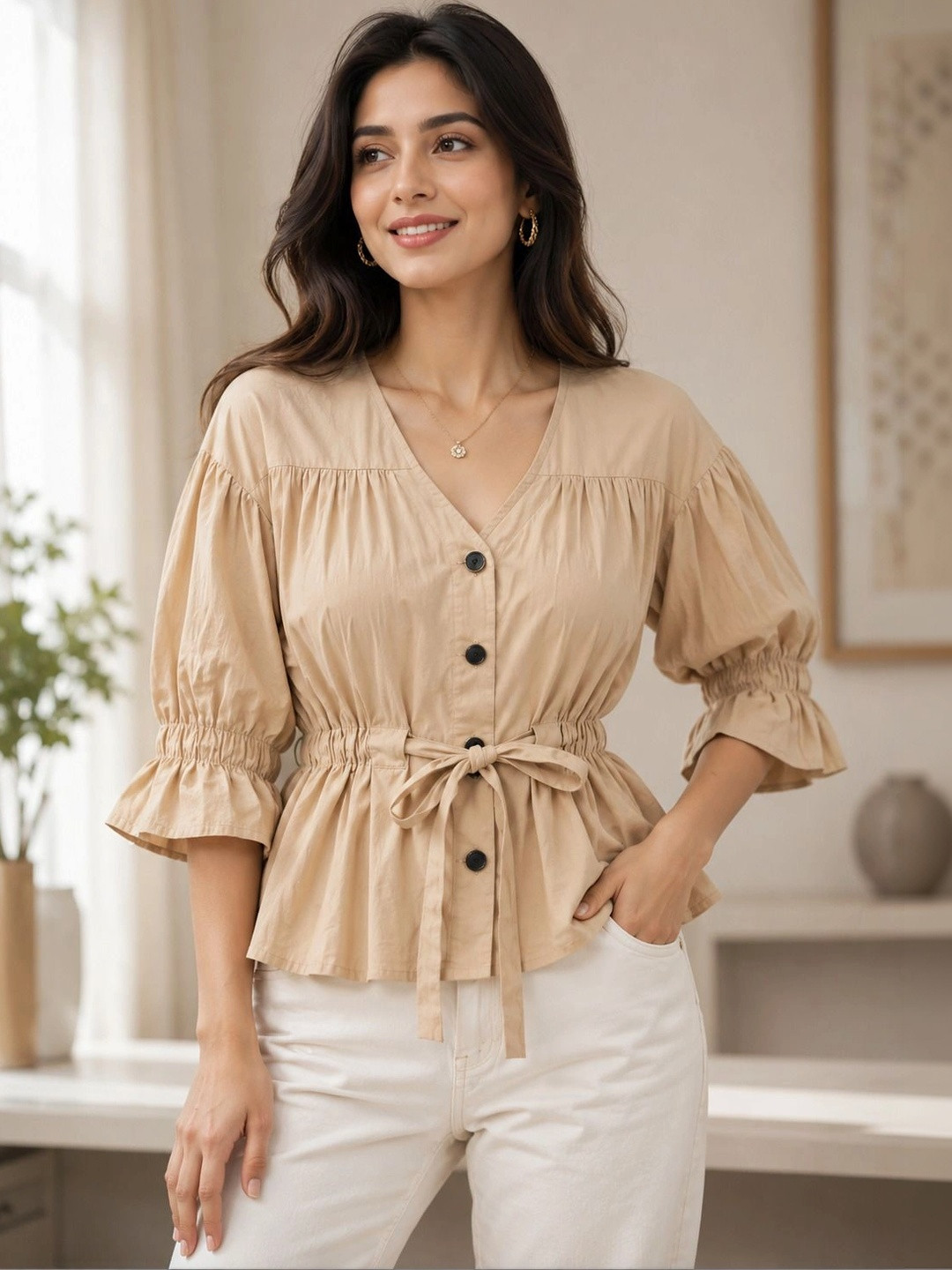 7OUNCE Flared Sleeve Cotton Peplum Top