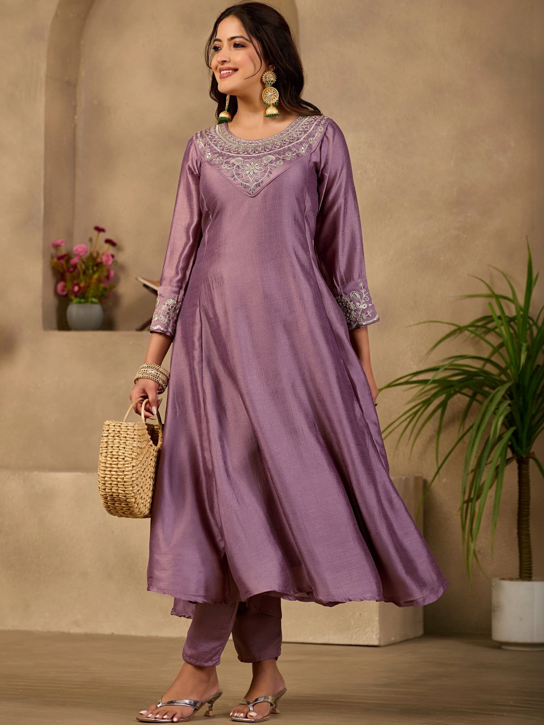 Sangria Floral Embroidered Tunic with Trousers