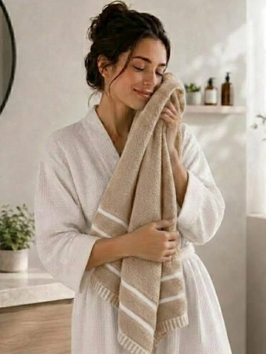 DEMARK Beige & White 2 Cotton 480 GSM Bath Towel