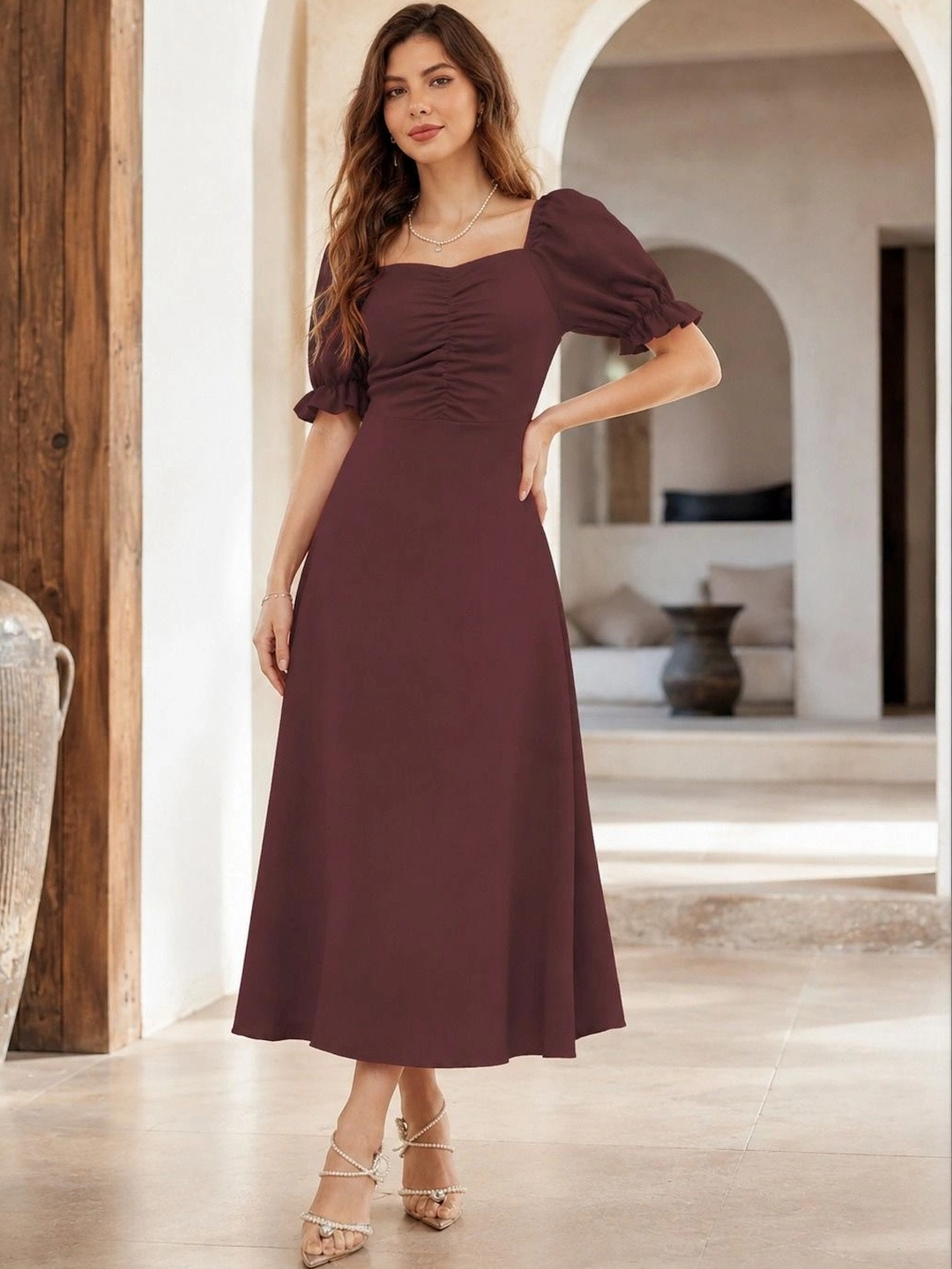 SHYAM SUNDARI Puff Sleeve A-Line Midi Dress
