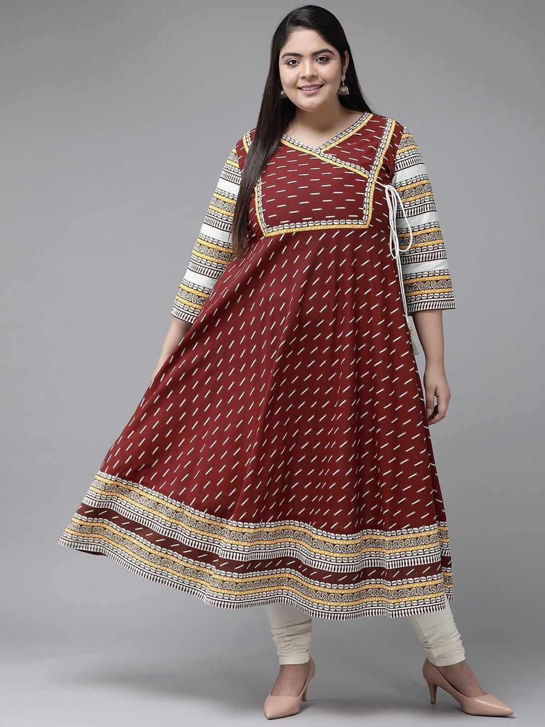 KALINI Plus Size Ethnic Motifs Yoke Design V-Neck Thread Work Anarkali Cotton Kurta