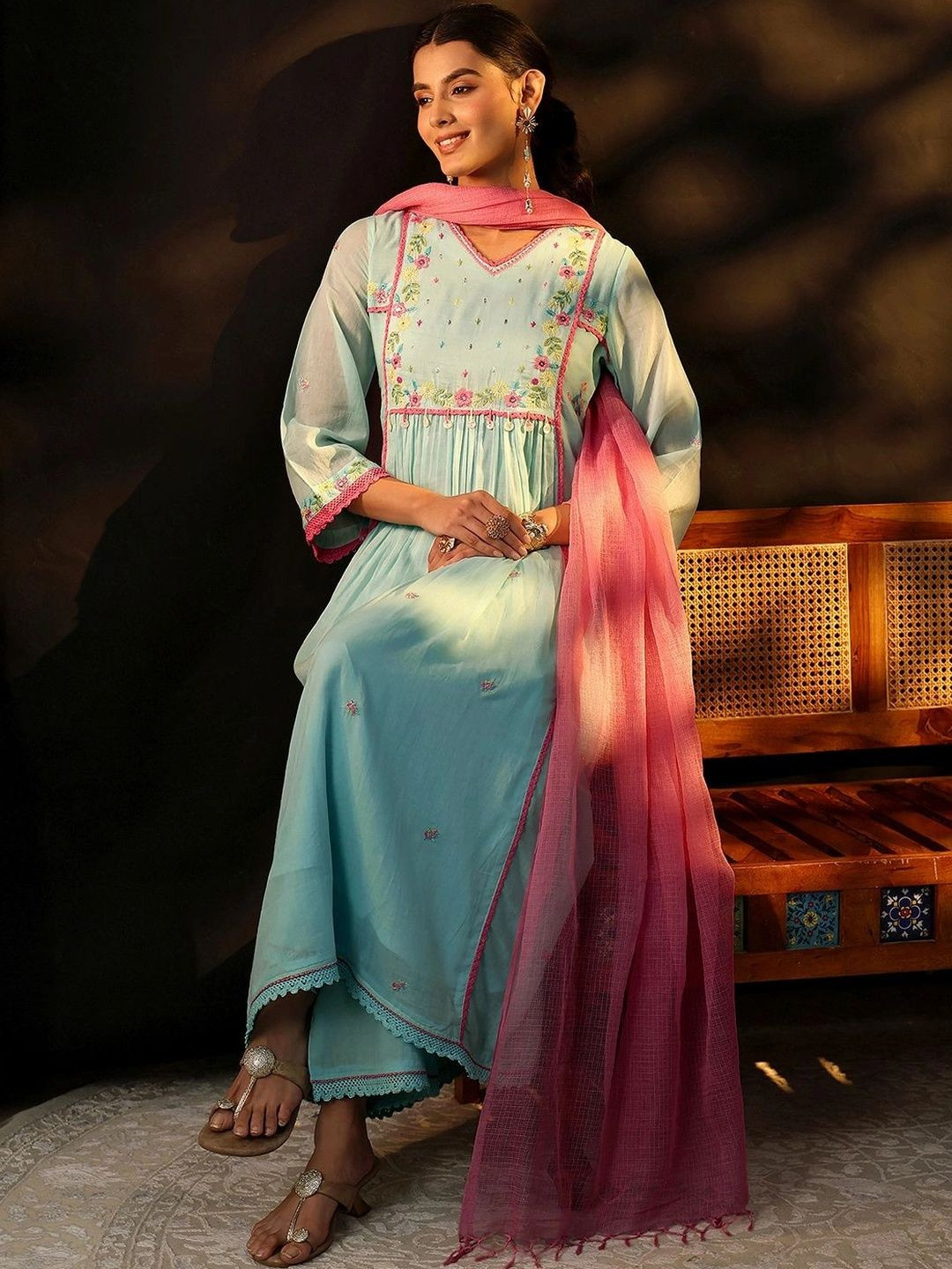 Libas Baby Blue Floral Embroidered Cotton Anarkali Suit Set