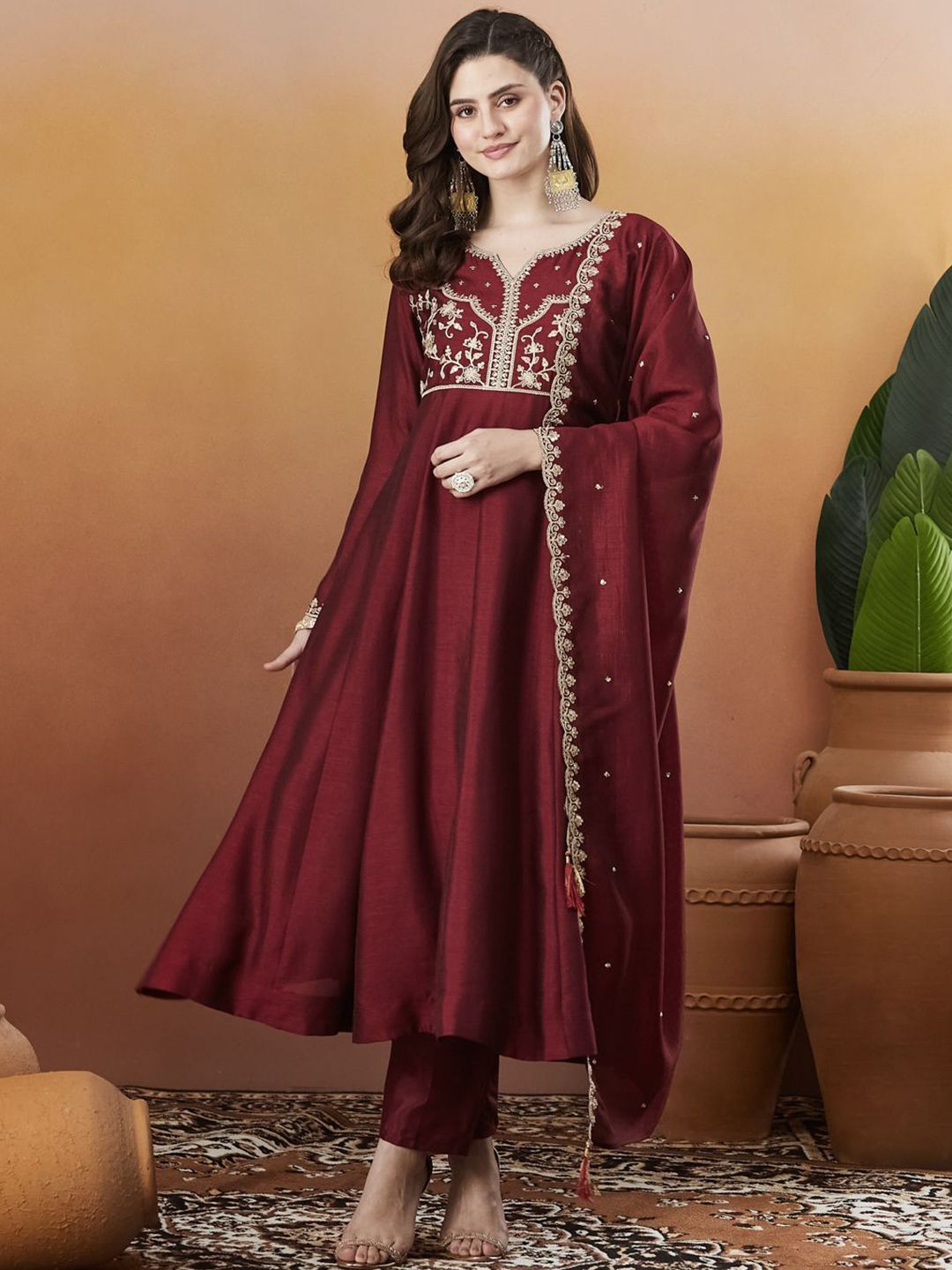 MOKOSH Women Silk Embroidered Anarkali Kurta And Pant Set With Dupatta
