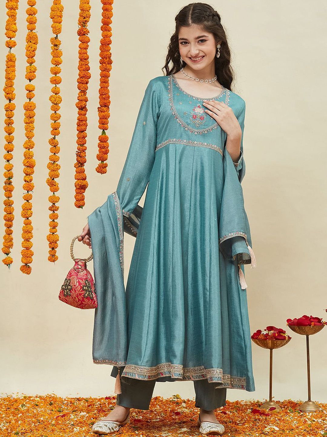 CurlyTales Girls Silk Embroidered Anarkali Kurta and Pant Set with Dupatta
