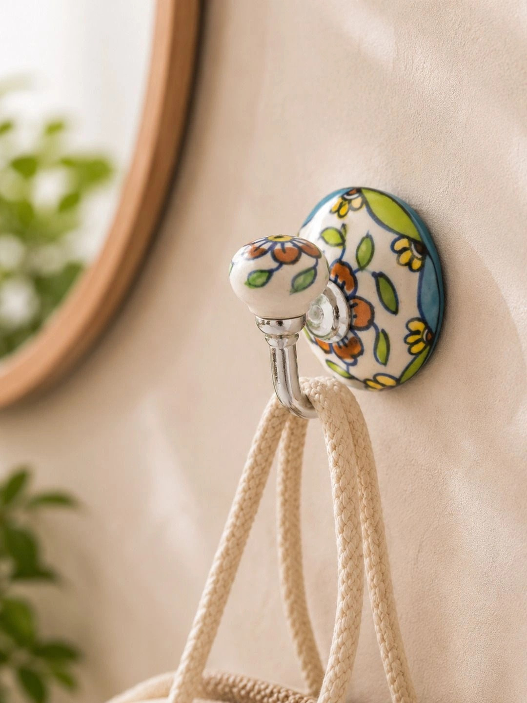 MIAH Decor Cream-Coloured & Blue Ceramic Embossed Utility Wall Hooks