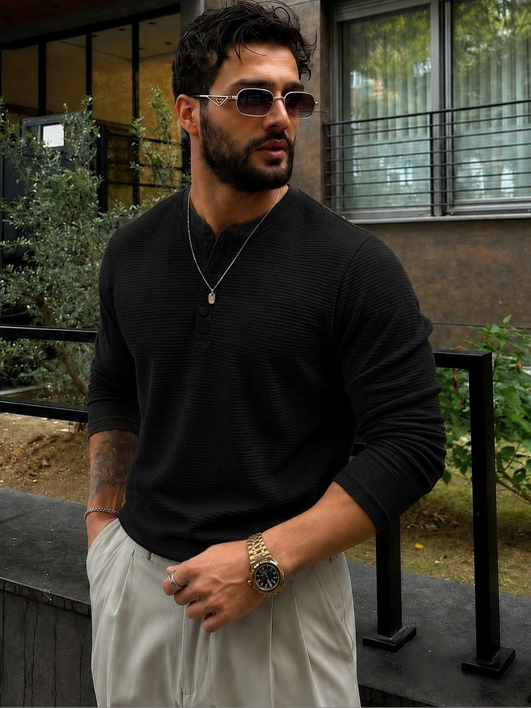 RUFICA Men Henley Neck T-shirt