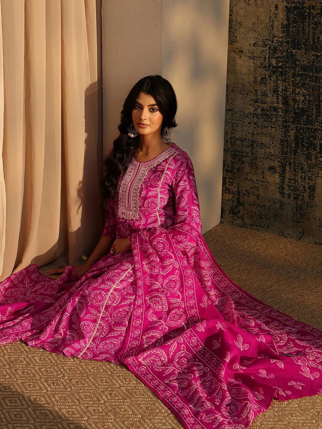 Libas Magenta Floral Printed Cotton Straight Suit Set