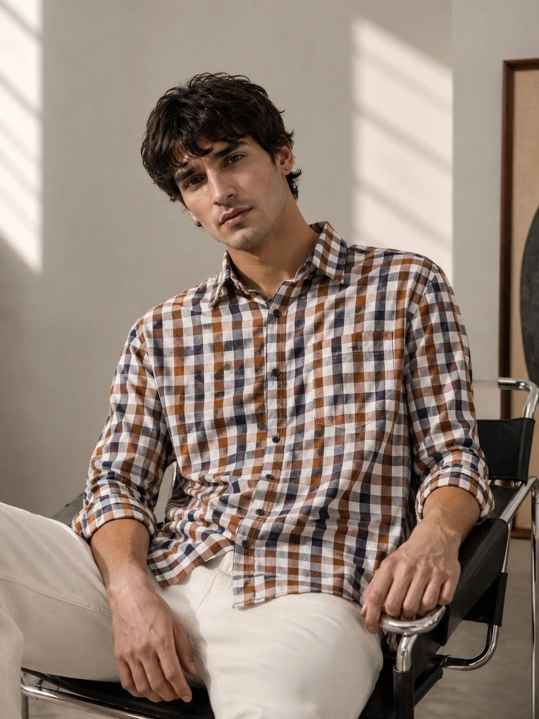 Eszett Men Gingham Checks Checked Spread Collar Casual Cotton Shirt