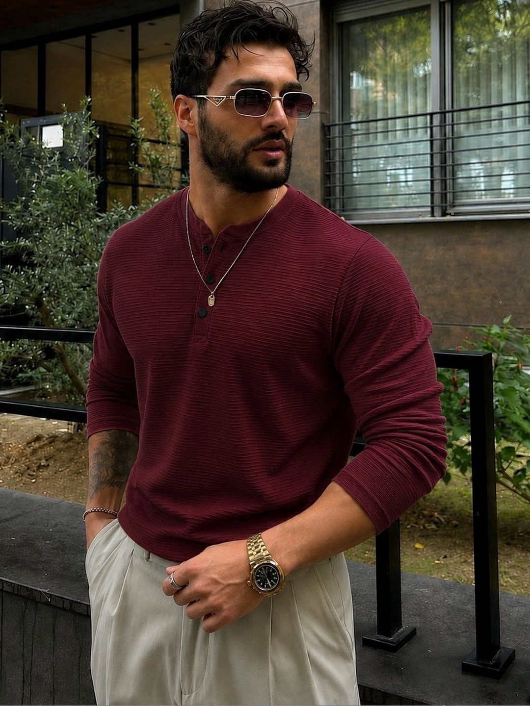 RUFICA Men Henley Neck T-shirt