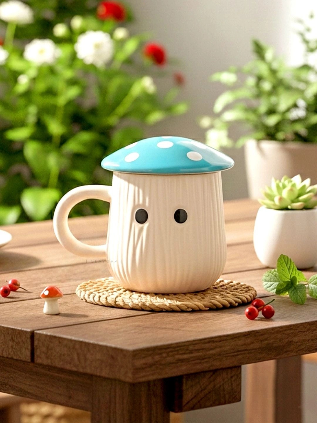 CLAYORA White & Turquoise Blue Printed Ceramic Glossy Mugs Set of Cups and Mugs