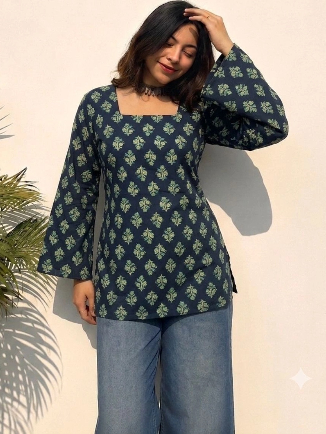 KALAMIR Women Print Flared Sleeve Ethnic Cotton Top