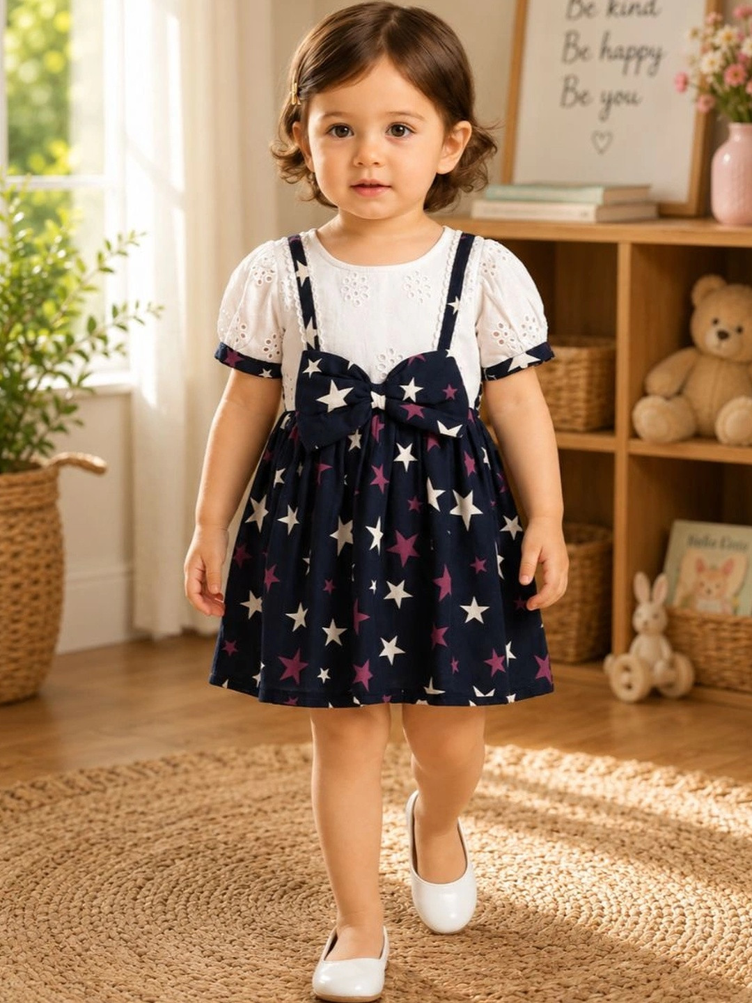 Sangria Star Print Puff Sleeve A-Line Dress