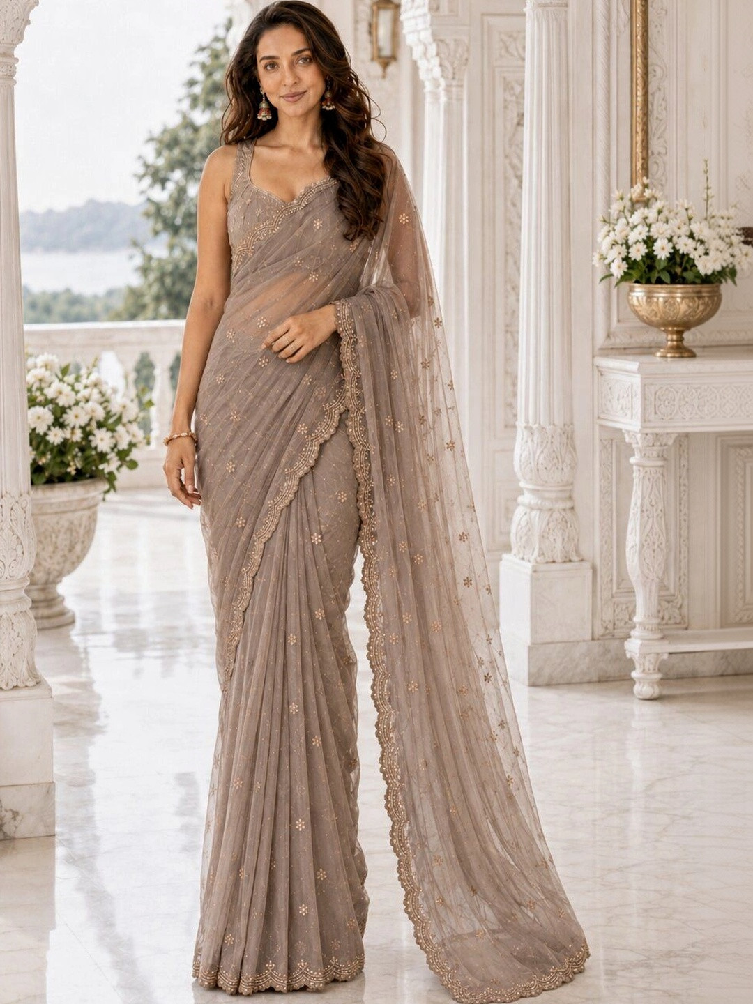 SUKRITI AND AKRITI Floral Beads and Stones Tissue Saree