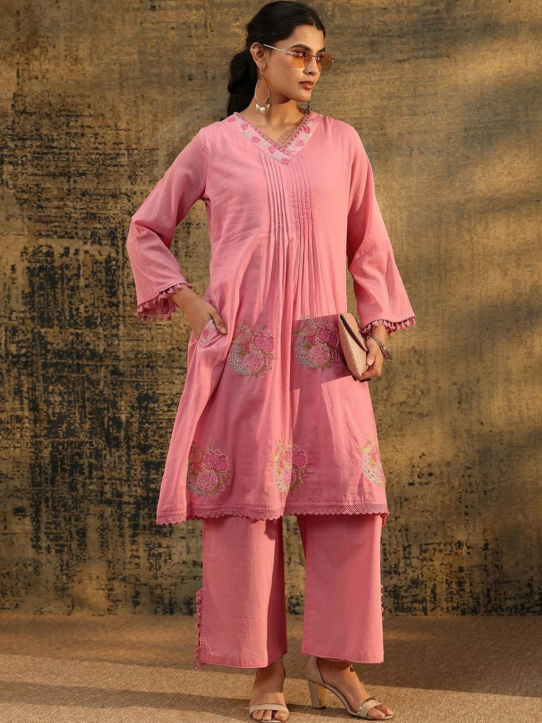 Libas Bubblegum Pink Floral Embroidered Cotton A line Kurta Set