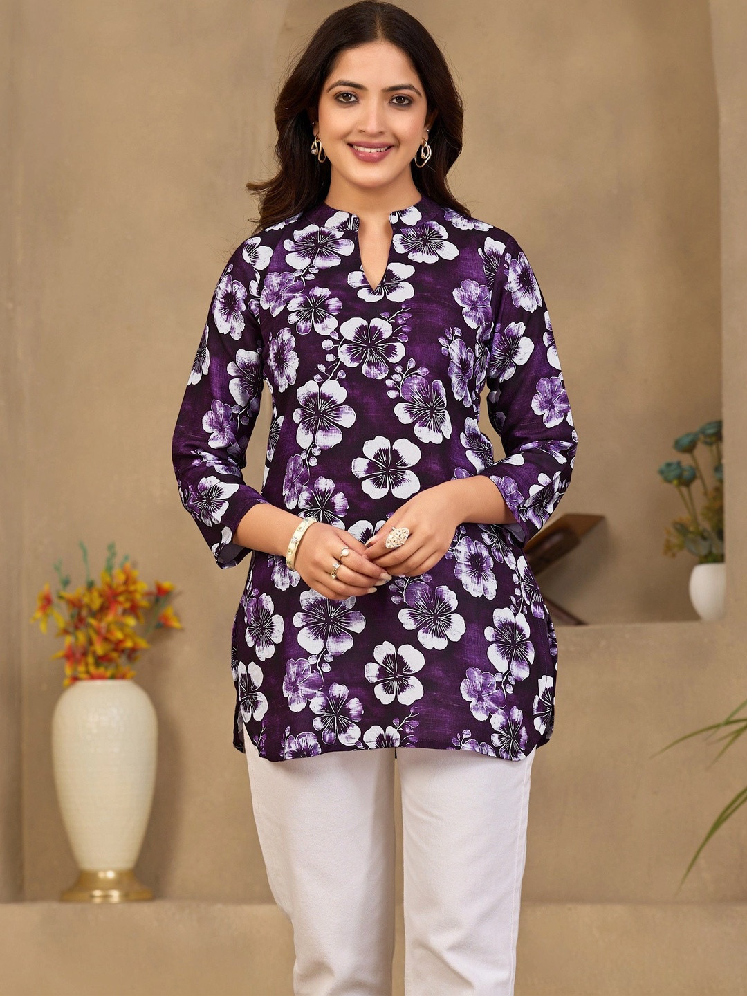 Klotden Viscose Rayon Mandarin Collar Printed Tunic