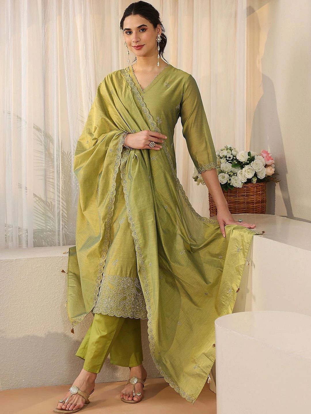 Libas Leaf Green Floral Embellished Chanderi Silk Straight Suit Set