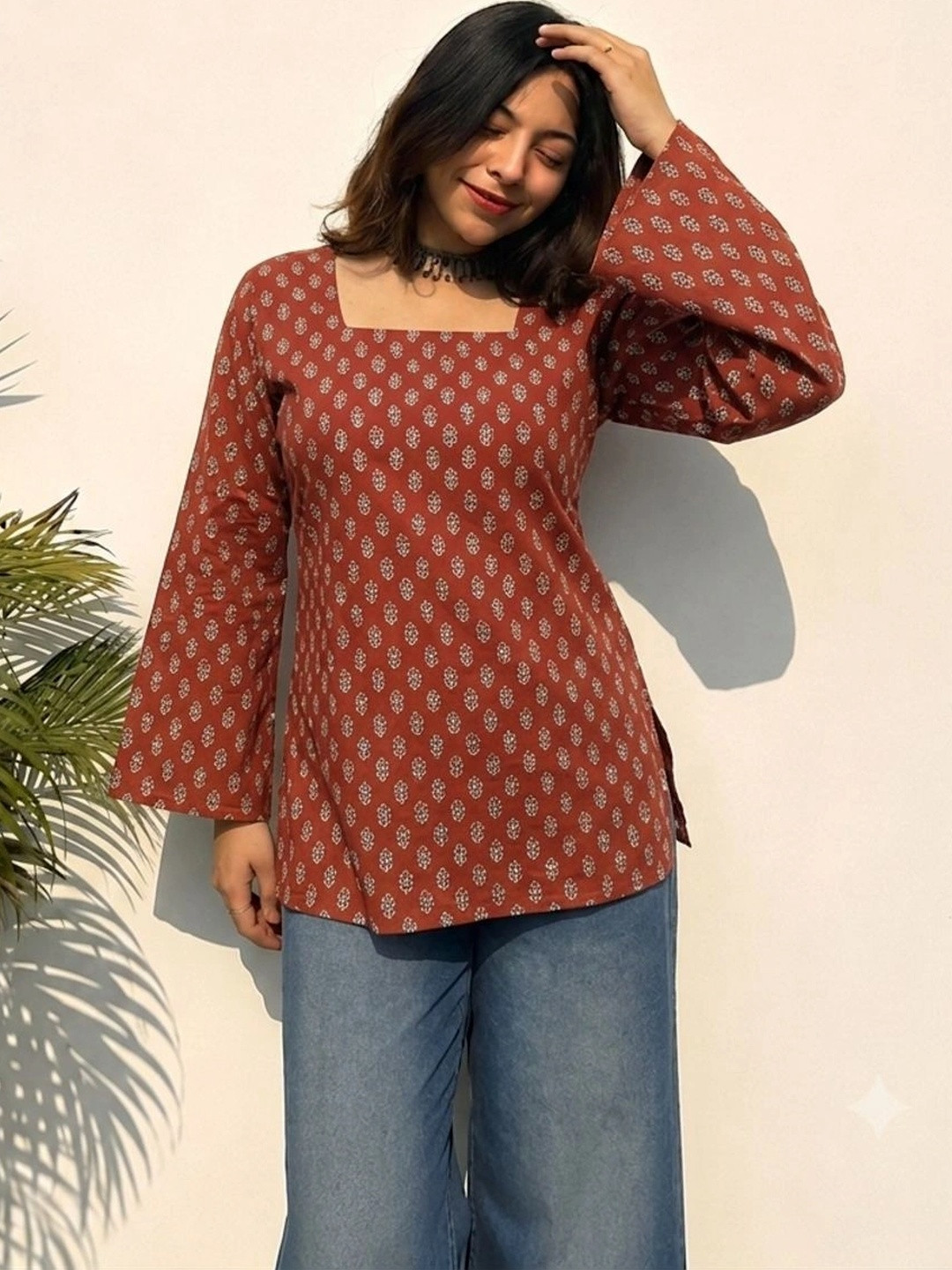 KALAMIR Women Cotton Printed Bell Sleeve Ethnic Top