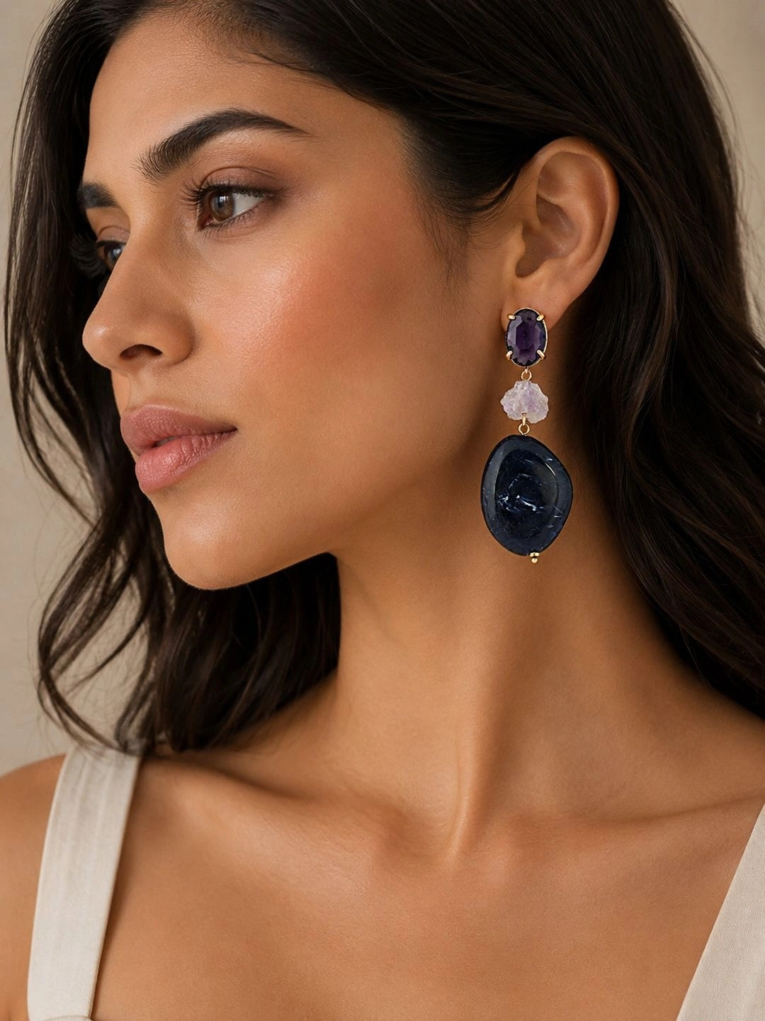 Beatnik Gold-Plated Artificial Stones Studded Geometric Shaped Drop Earrings