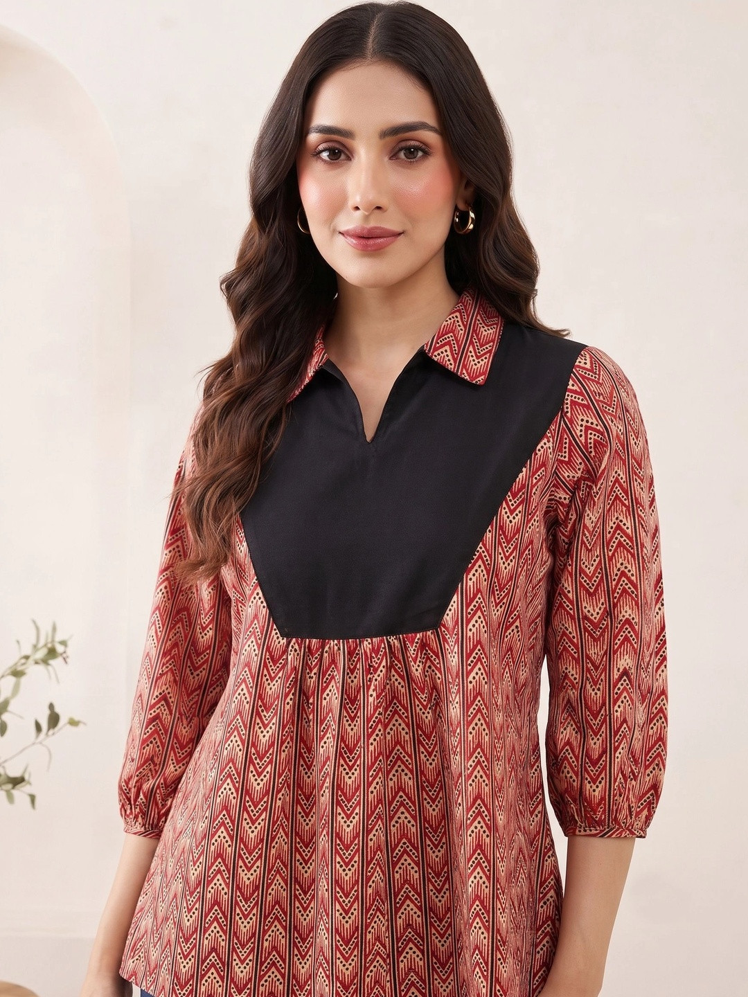 Anouk Ethnic Motifs Printed Shirt Collar Pure Cotton Empire Kurti