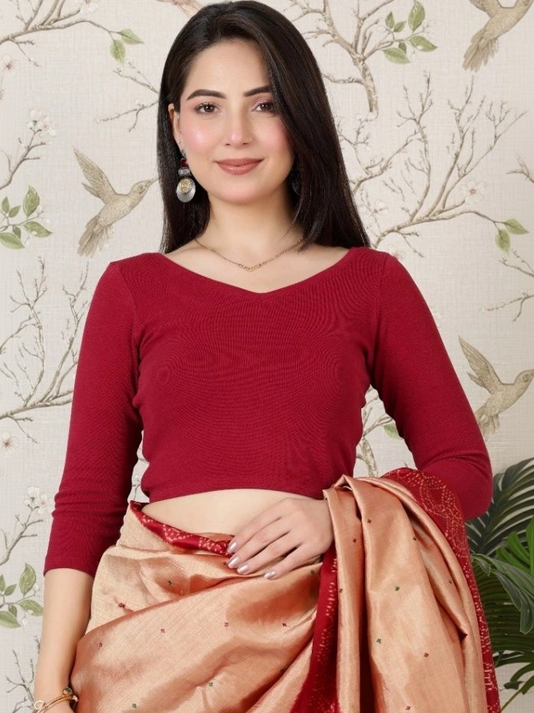 Mlada Women Solid V-Neck Slim Fit 3/4th Sleeves Cotton Blouse