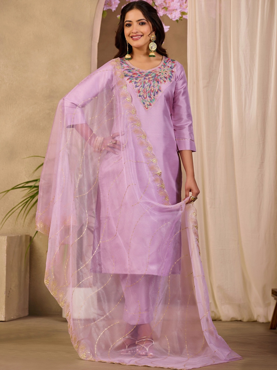 Sangria Women Ethnic Motifs Embroidered Regular Thread Work Kurta with Trousers & With Dupatta