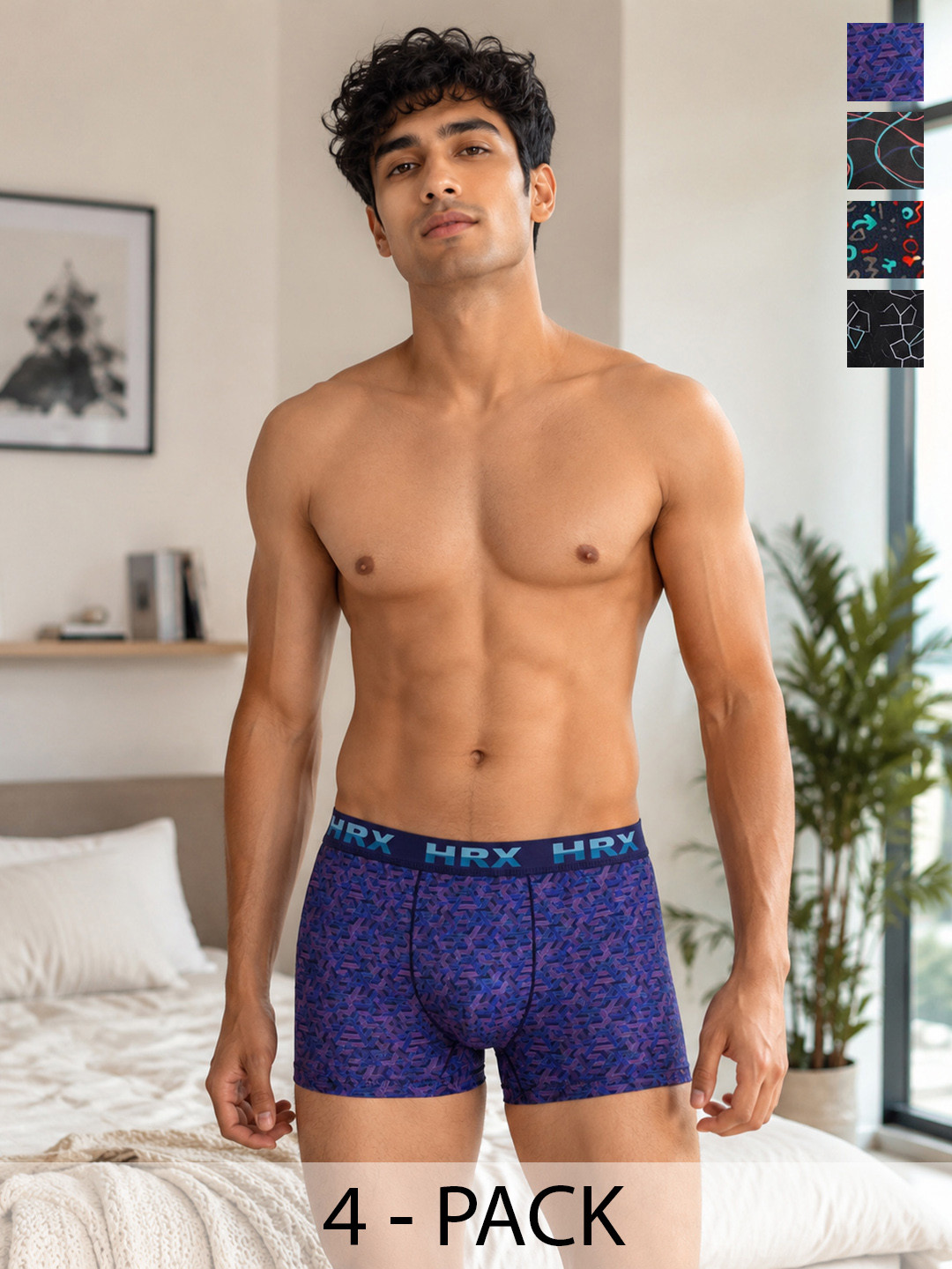 HRX by Hrithik Roshan Pack of 4 Cotton Blend Assorted Printed Trunks