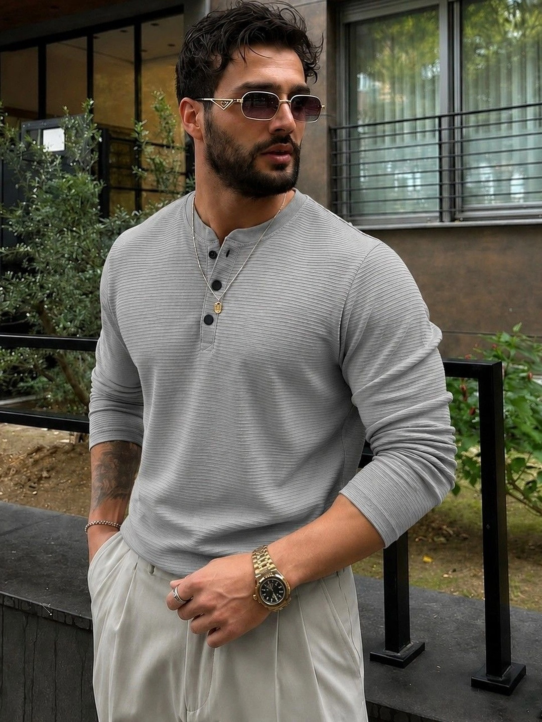 RUFICA Men Henley Neck T-shirt