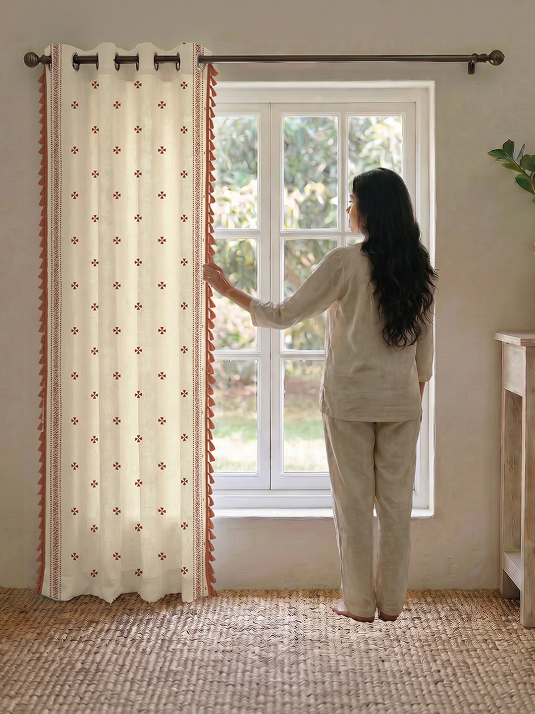 URBAN SPACE Rust & Cream-Coloured Floral Long Door Curtain