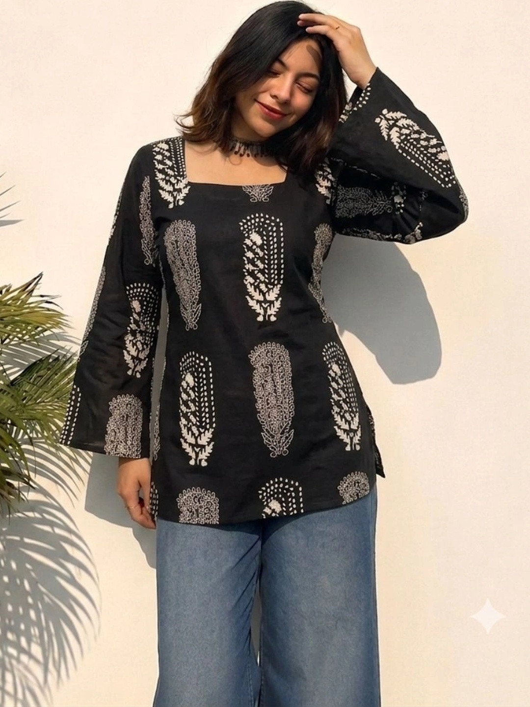 KALAMIR Print Flared Sleeve Ethnic Cotton Top
