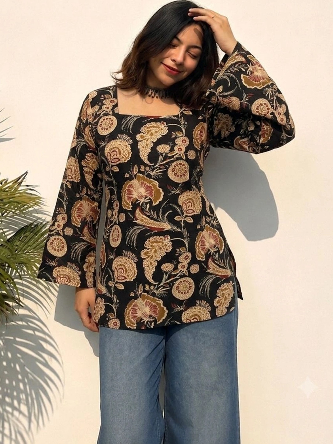 KALAMIR Floral Print Bell Sleeve Cotton Top