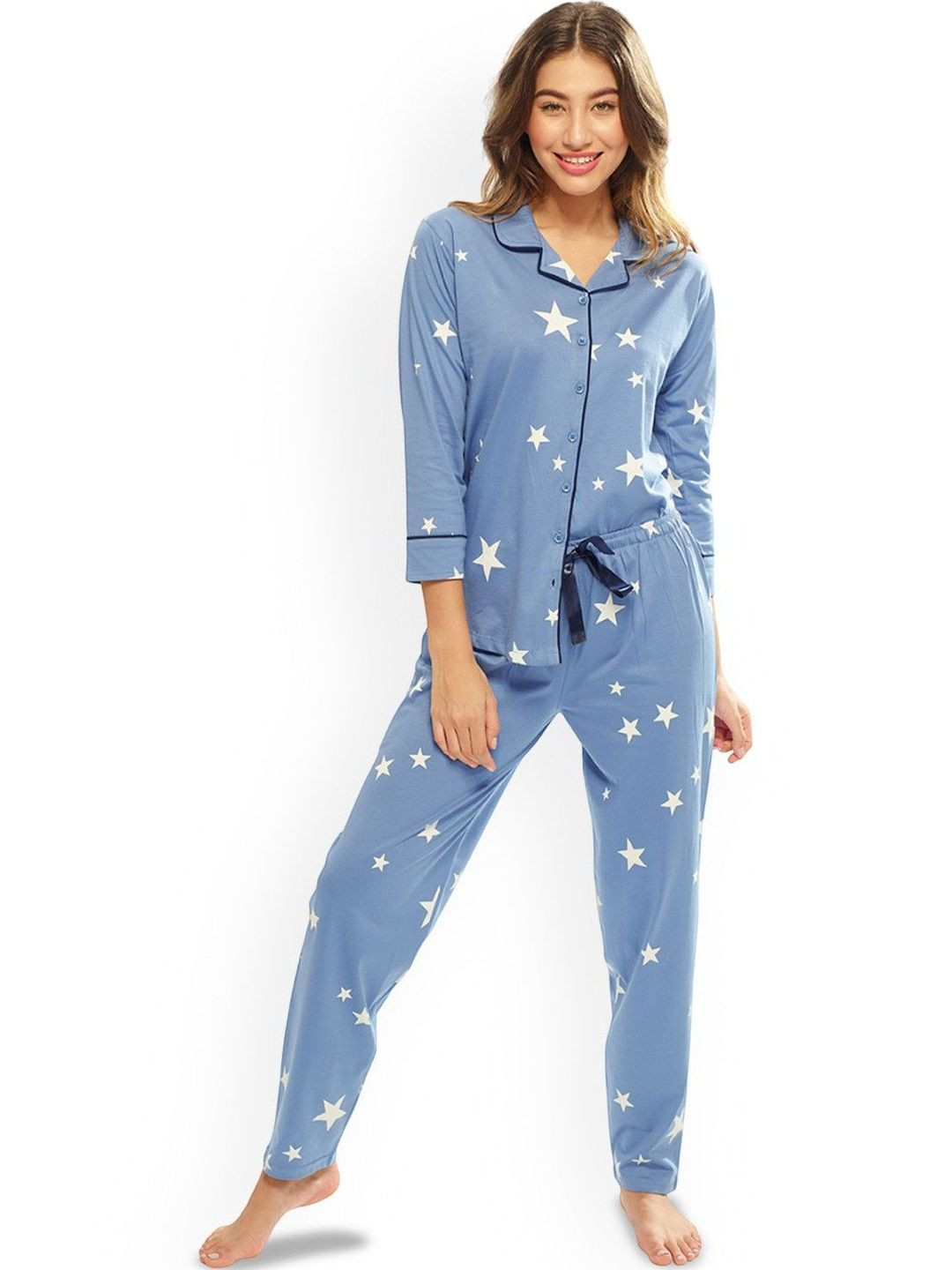 Lotik Women Printed Lapel Collar Night suit
