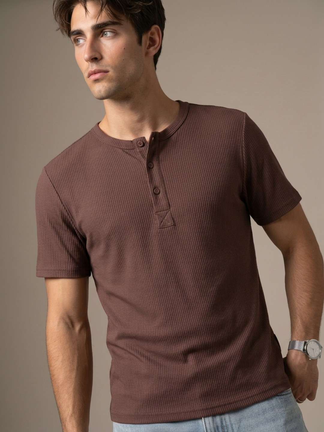 glitchez Self Striped Textured Henley Neck T-shirt