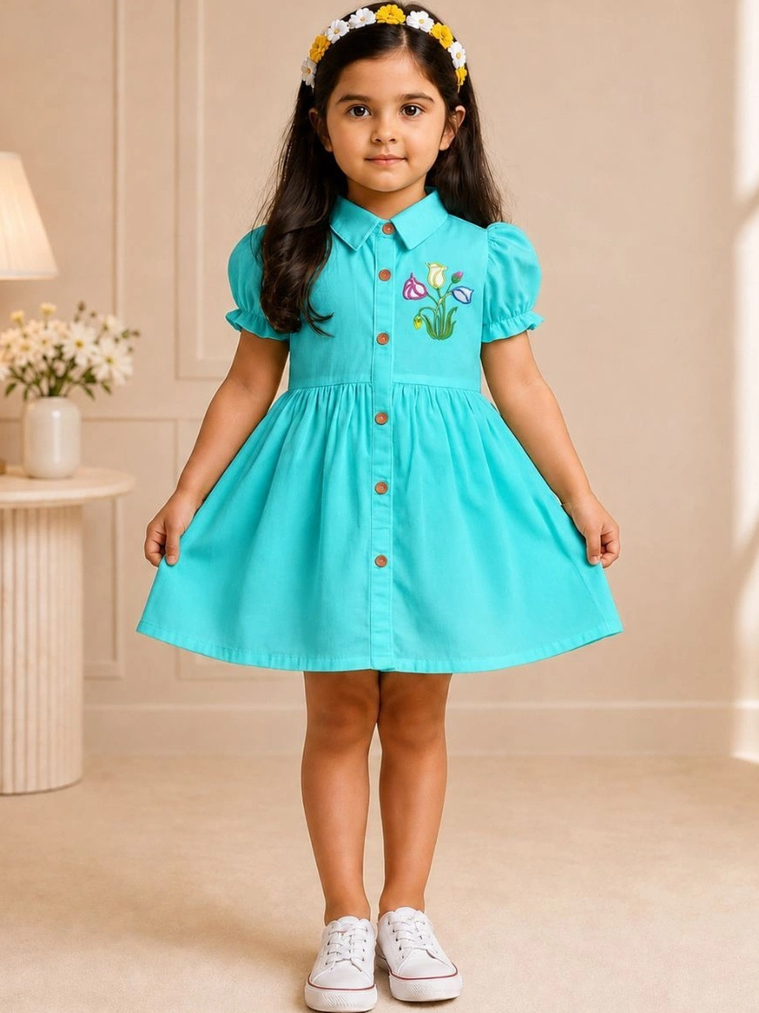 SARDAR DRESSES Embroidered Puff Sleeve Fit & Flare Dress