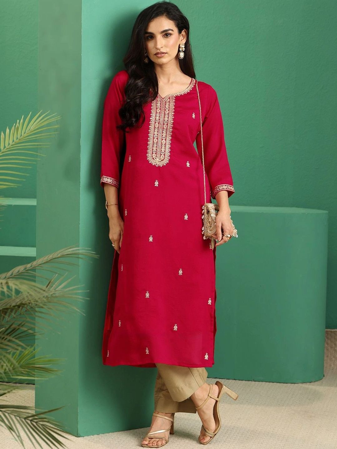 Libas Rose Red Yoke Embroidered Silk Blend Straight Kurta