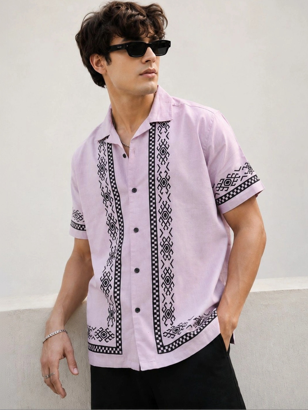 Eszett Men Geometric Printed Cuban Collar Pure Cotton Casual Shirt