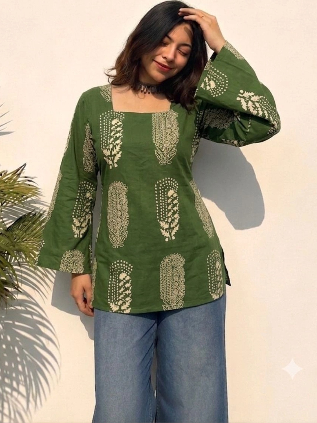 KALAMIR Women Print Flared Sleeve Ethnic Cotton Top