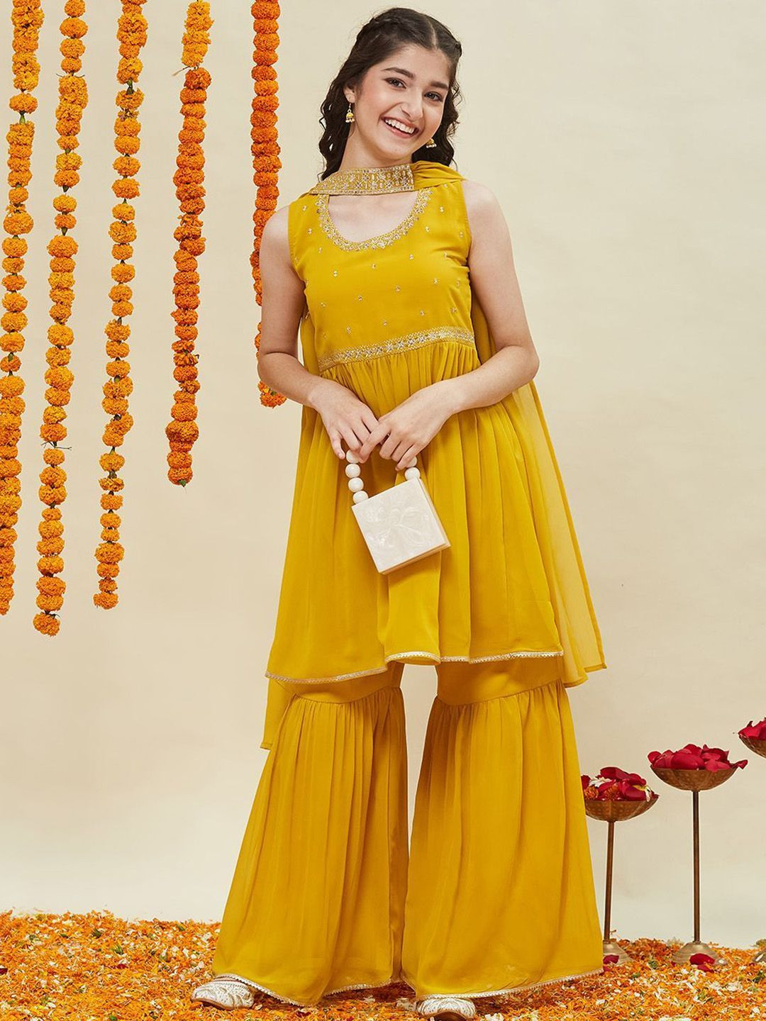CurlyTales Girls Georgette Embroidered Kurta and Sharara Set with Dupatta