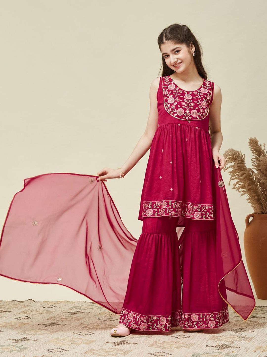 CurlyTales Girls Silk Embroidered Kurta and Sharara Set with Dupatta