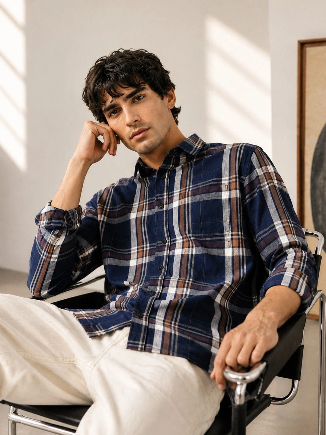 Eszett Spread Collar Regular Fit Long Sleeves Pure Cotton Checked Casual Shirt