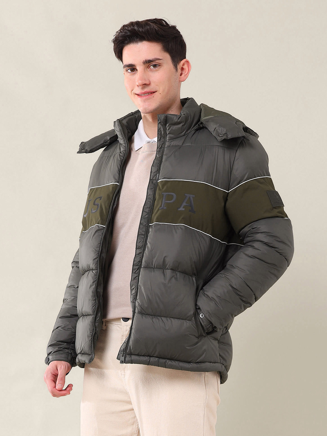 U.S. Polo Assn. Brand Logo Printed Puffer Jacket with Detachable Hood