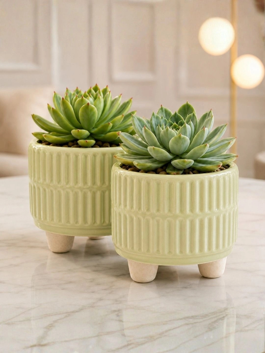 ecofynd 2-Pcs Green Ceramic Round Planters