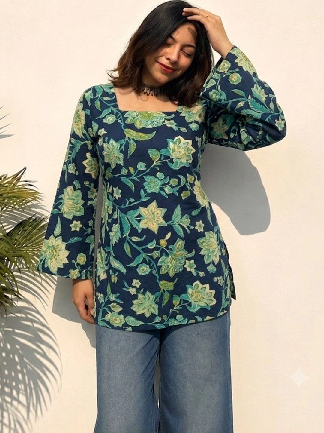 KALAMIR Women Floral Print Flared Sleeve Cotton Top