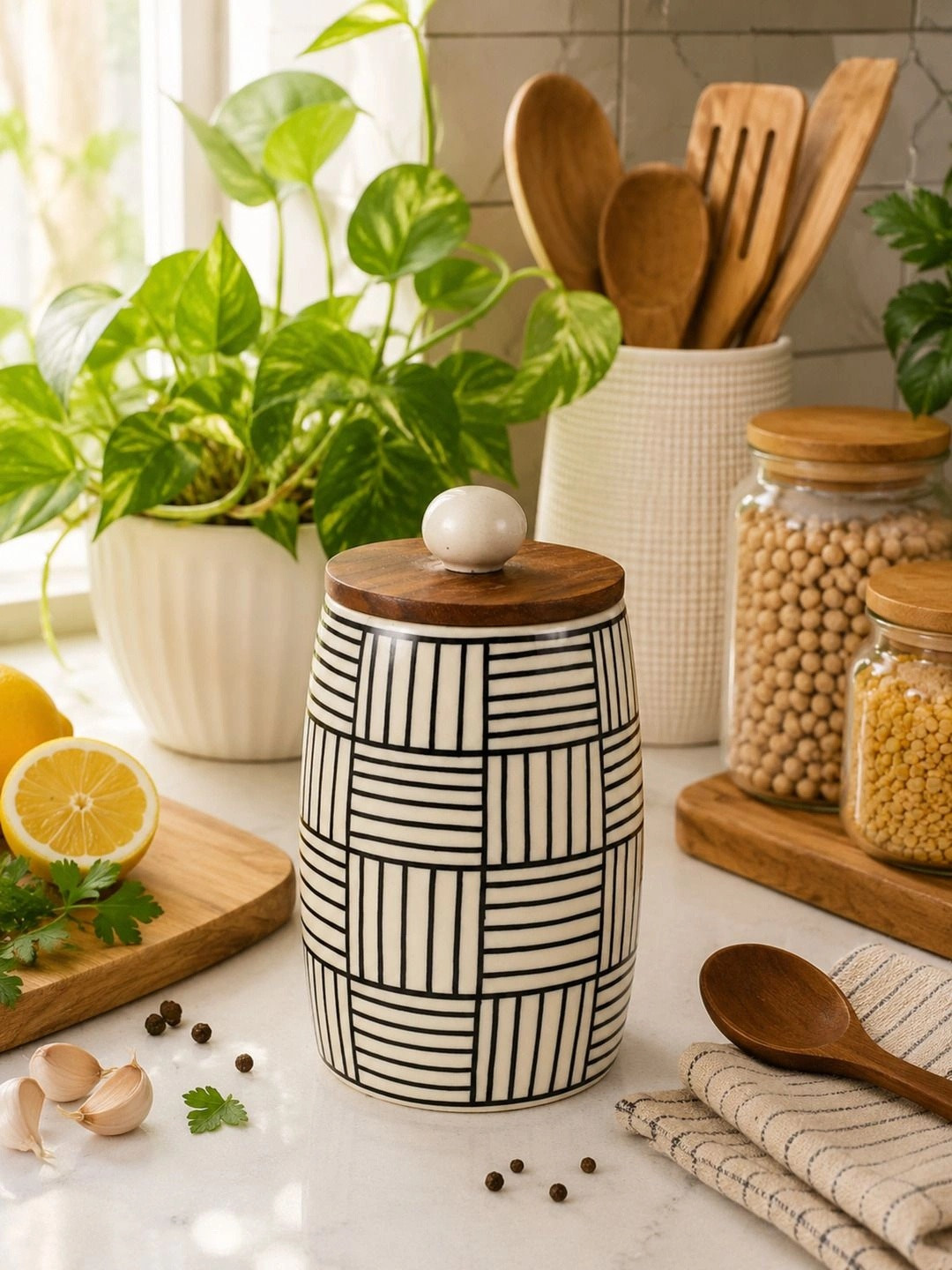 MIAH Decor off White Checkered Ceramic Hand-Painted Canister 600ml with Wooden Lid