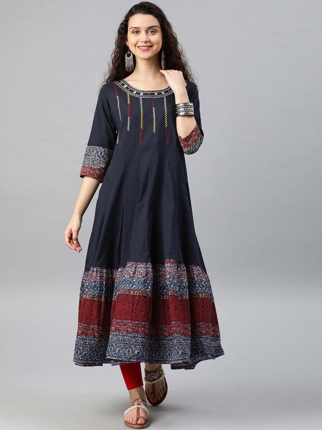 KALINI Geometric Yoke Design Thread Work Cotton Anarkali Kurta
