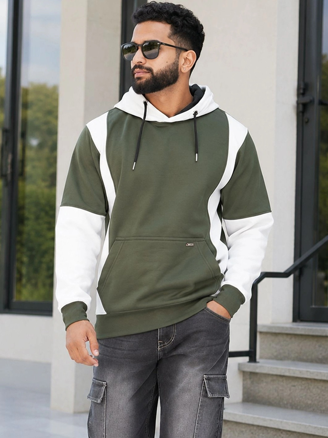 OZONECO Men Colourblocked Hooded Sweatshirt