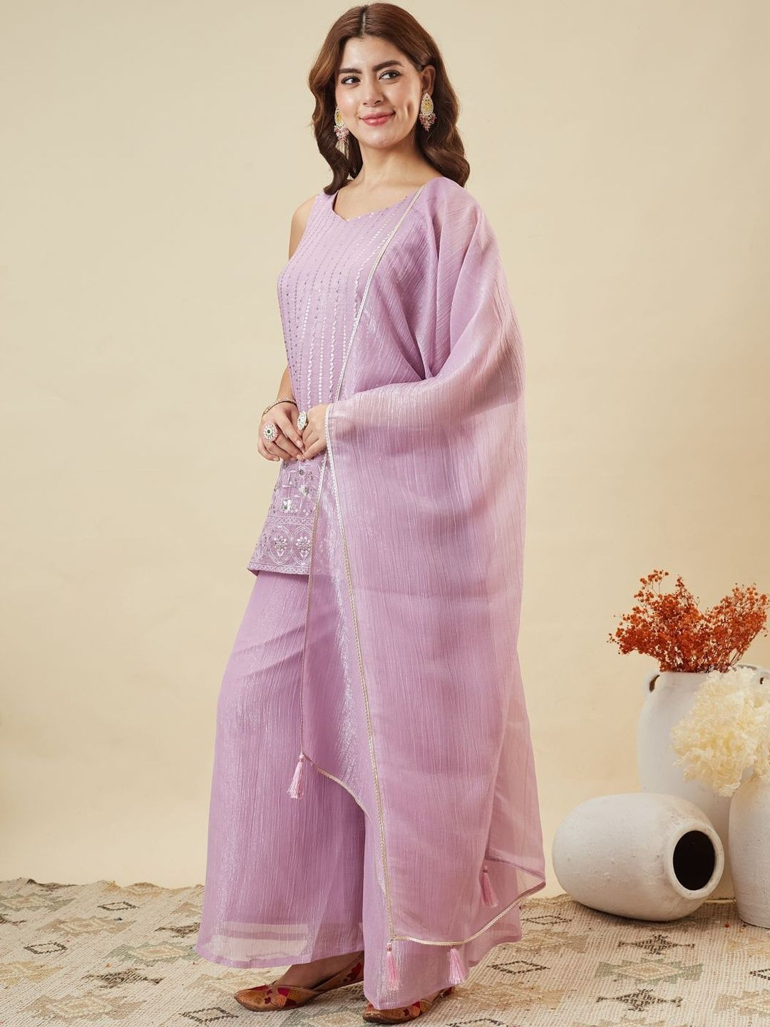 MOKOSH Ethnic Motifs Embroidered Sequinned Pure Silk Kurti With Palazzos & Dupatta